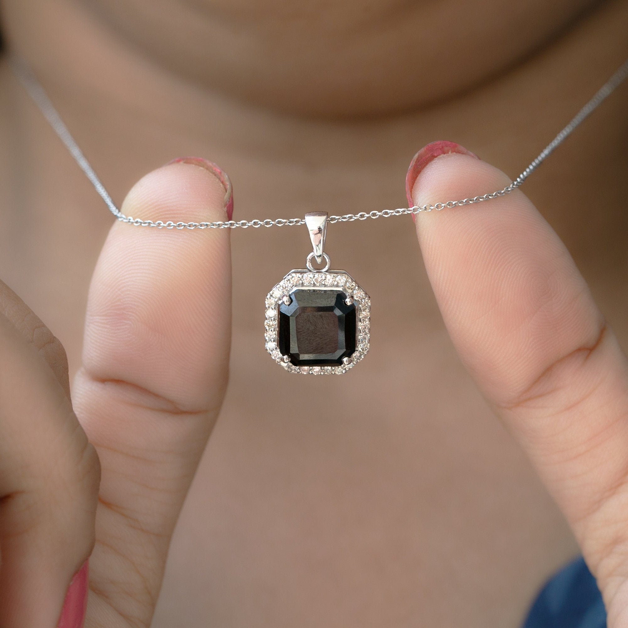 6.75 Ct Black Spinel Necklace, Solitaire Necklace Gold, Halo Diamond Asscher Cut