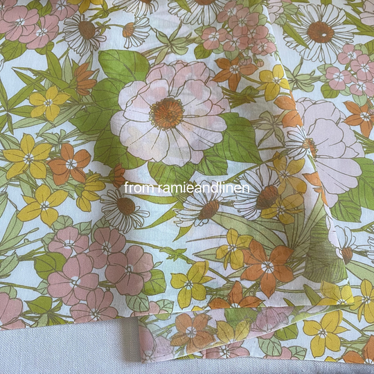 Silk Fabric, Pink & Yellow Flowers Print, Silk Cotton Blend Half Yard By 54" Wide