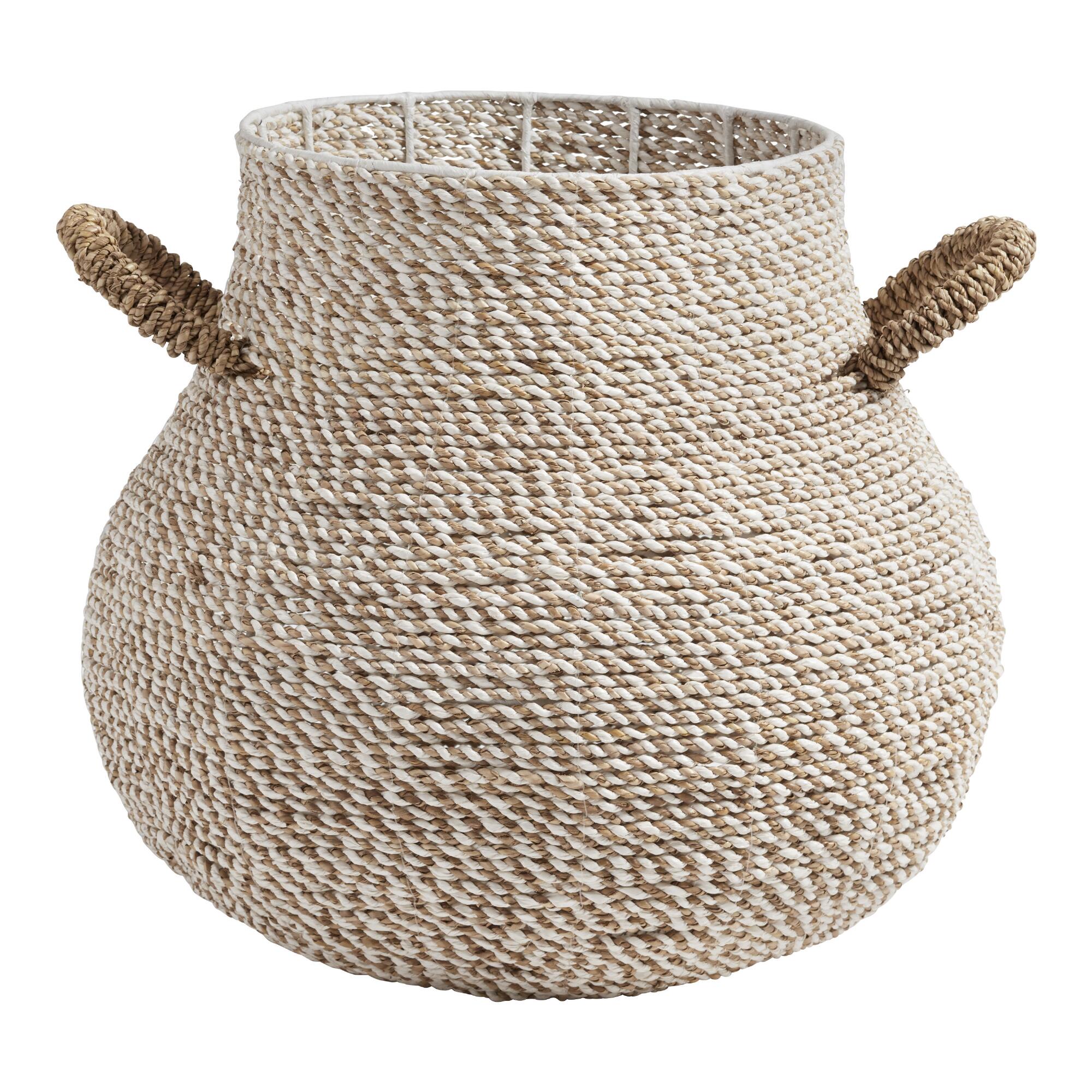 White and Natural Marled Seagrass Tess Belly Basket: White/Natural by World Market