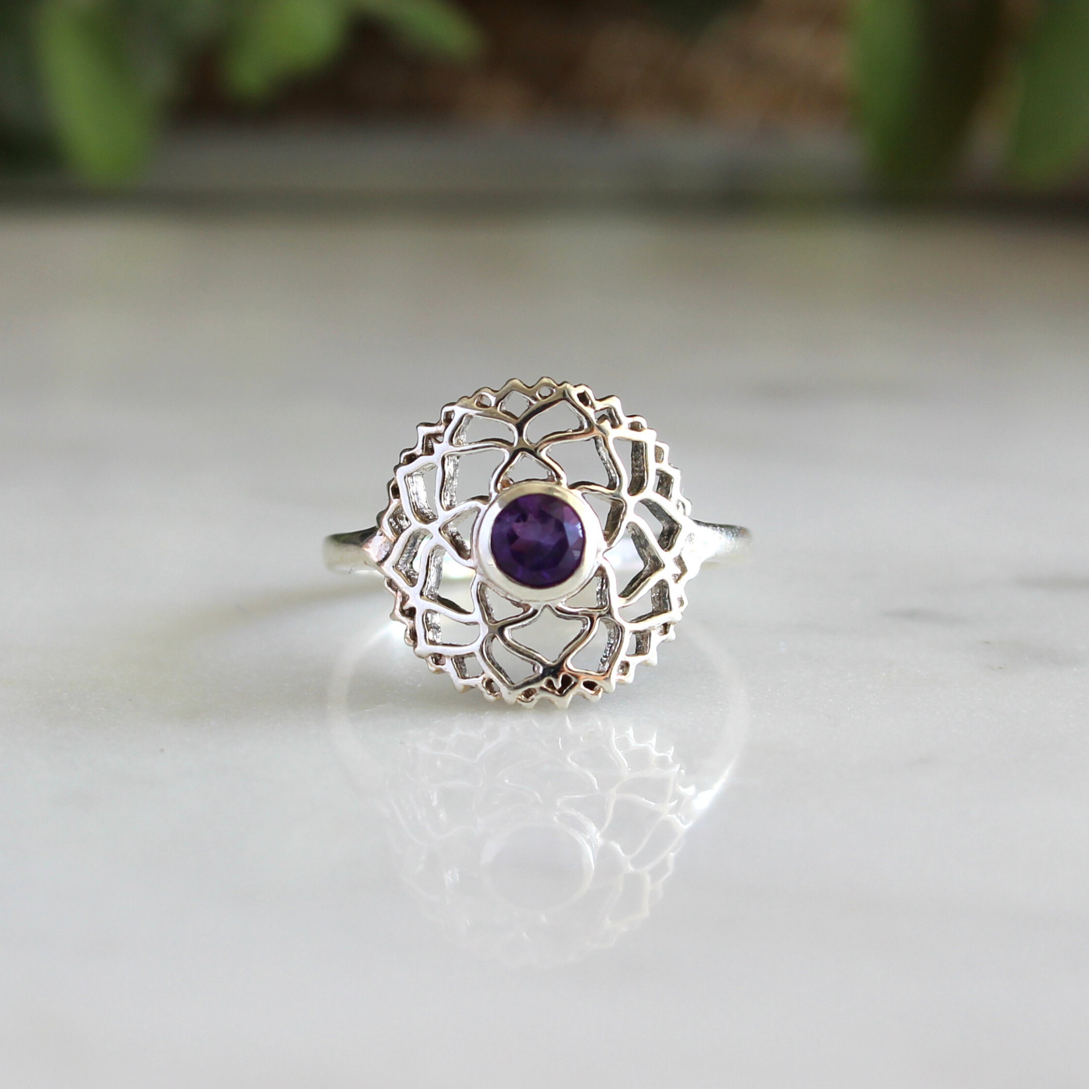 Crown Chakra Ring, Amethyst Spiritual Yoga Jewelry, Sterling Silver, Meditation, Reiki Healing, February Birthstone, Sahasrara, Gift