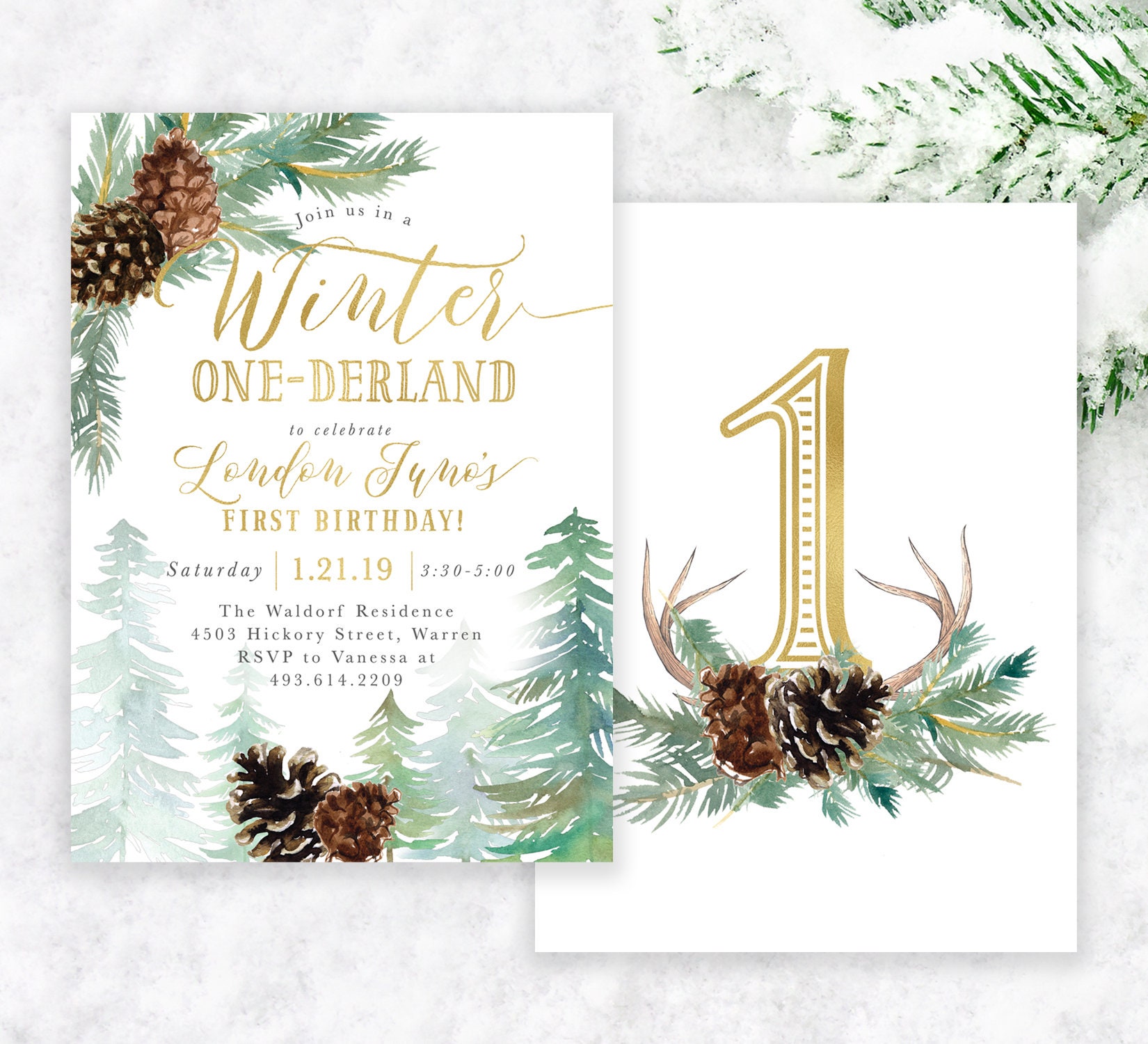 Rustic Winter Onederland Birthday Invitation, Party Invite, First Turning One, Holiday 47