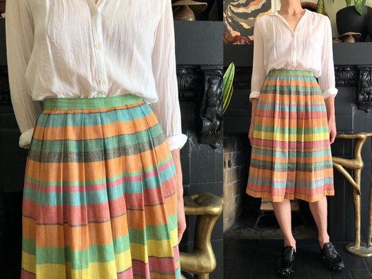 1970S Vintage Linen Blend Rainbow Pleated High Waist Skirt 70S Jones New York Cotton Ramie Striped Midi Xs 24 W