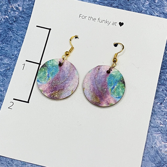 Wooden Circle Earrings, Dangle Decoupage Jewelry, Abalone Shell, Round Wood Pink & Blue Jewelry