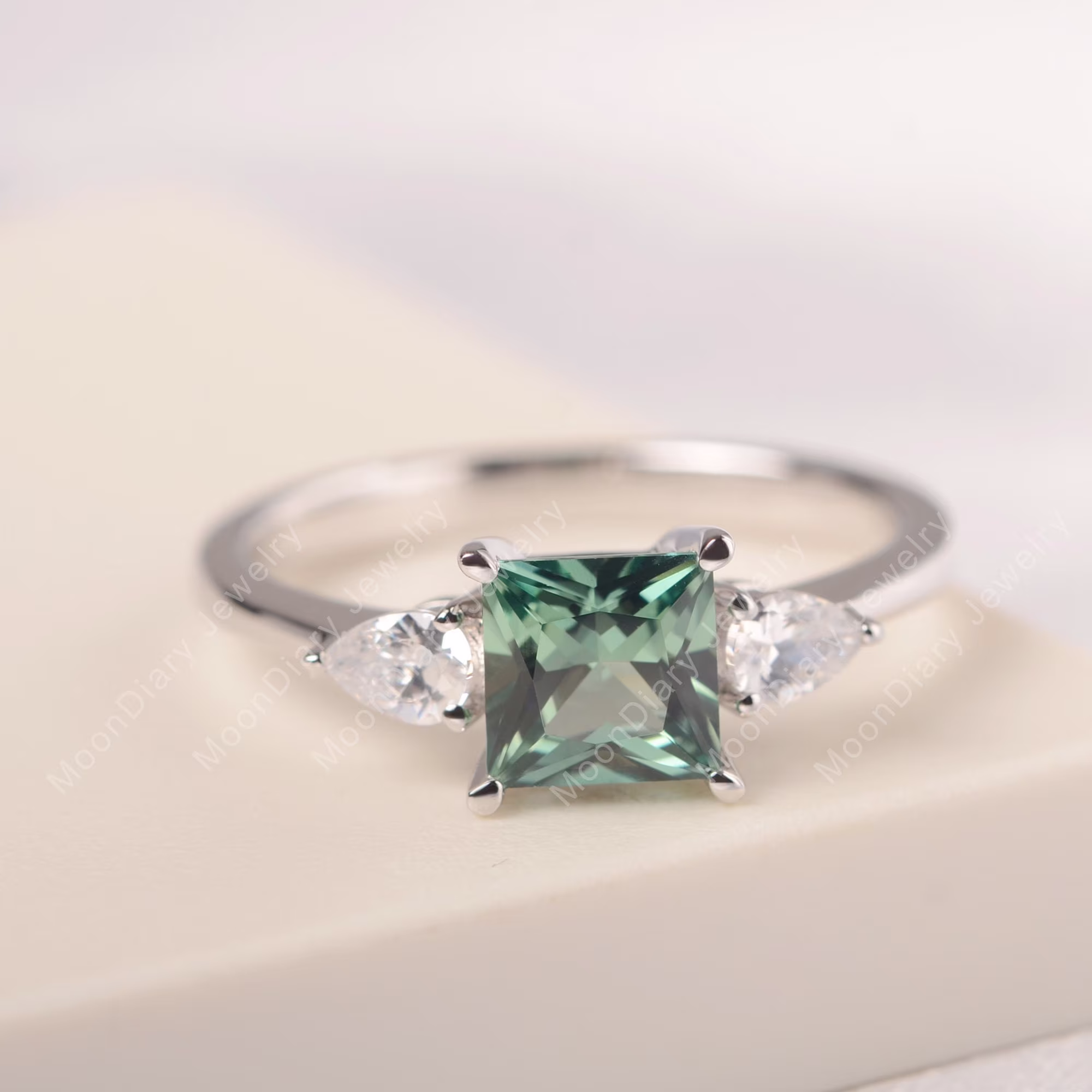 Green Sapphire Proposal Ring Teal Solid White Gold Princess Cut Wedding Graduation Gifts For Girls