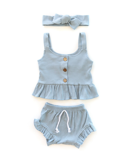 Baby Girl Three Piece Outfit Summer Tank Top & Ruffle Short Set Blue Bloomer Little Soft