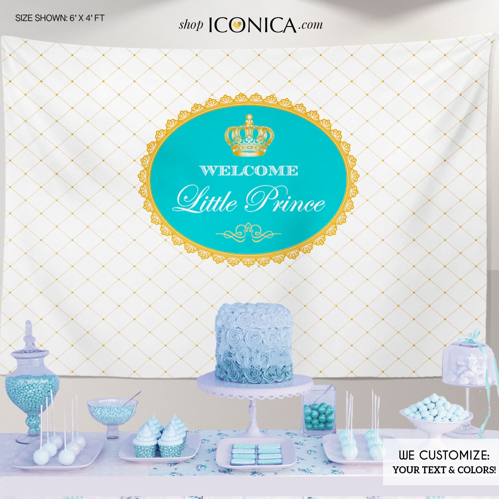 Baby Shower Party Backdrop Royal Prince Aqua & Gold Party Banner Printed Or Printable File Free Shipping
