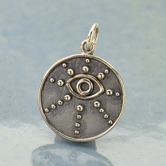 sterling Silver Evil Eye Charm. .925 Pendant With Dots Design. Round Necklace 15mm