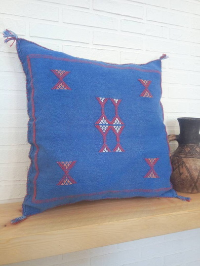 Blue Cactus Silk Pillows Throw, Plain Moroccan Pillow Sabra Cushion Cover, Hand Woven By Berber Women