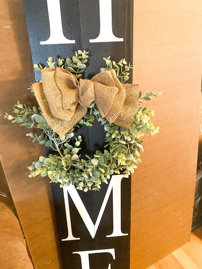 12 Inch Spring/Summer Eucalyptus Wreath With Brown Burlap Bow Or Without It. Goes The "Welcome To Our" Home Sign Made By Me