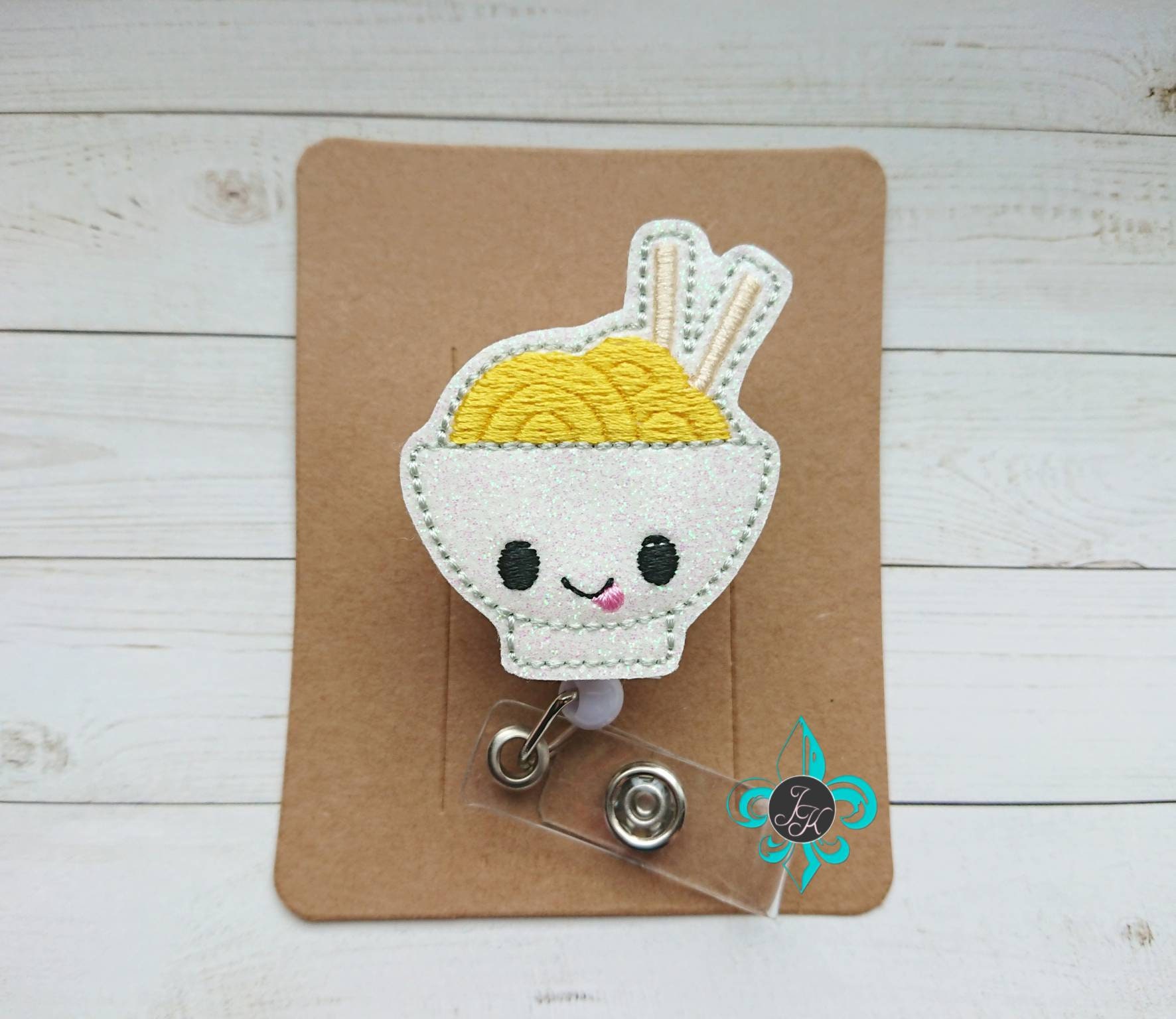 Kawaii Ramen, Badge Reel, Belt Clip, Retractable, Fabric Felties, Medical, Nursing, Holder, Swivel Glitter, Noodles