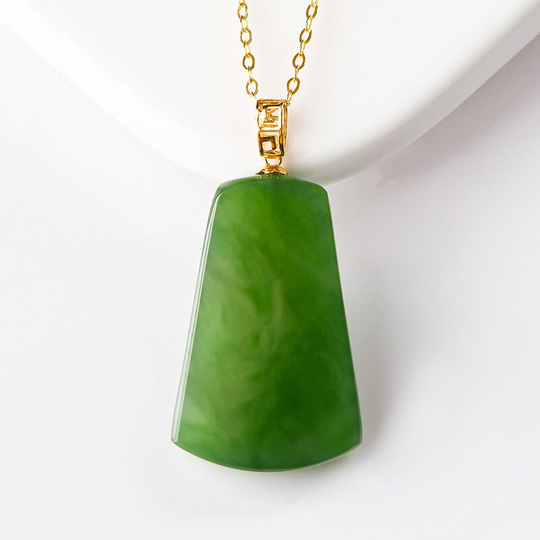 Jasper Peaceful Medal Authentic Spinach Green Hetian Jade 18K Gold Inlay Pendant Necklace, Natural Untreated Jade, Bring in Blessing Safety