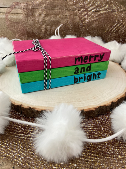 Christmas Book Stack | Merry & Bright Colorful Decor Rainbow Tiered Tray &
