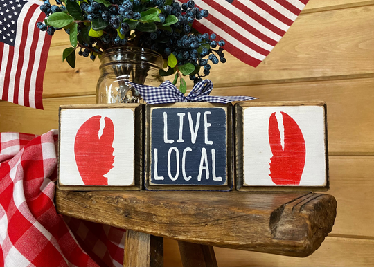 Maine Lobster Sign, Nautical Decor Seafood, Coastal Decor, Live Local Beach House Wood Blocks, Small Shelf Sitter, Tiered Tray