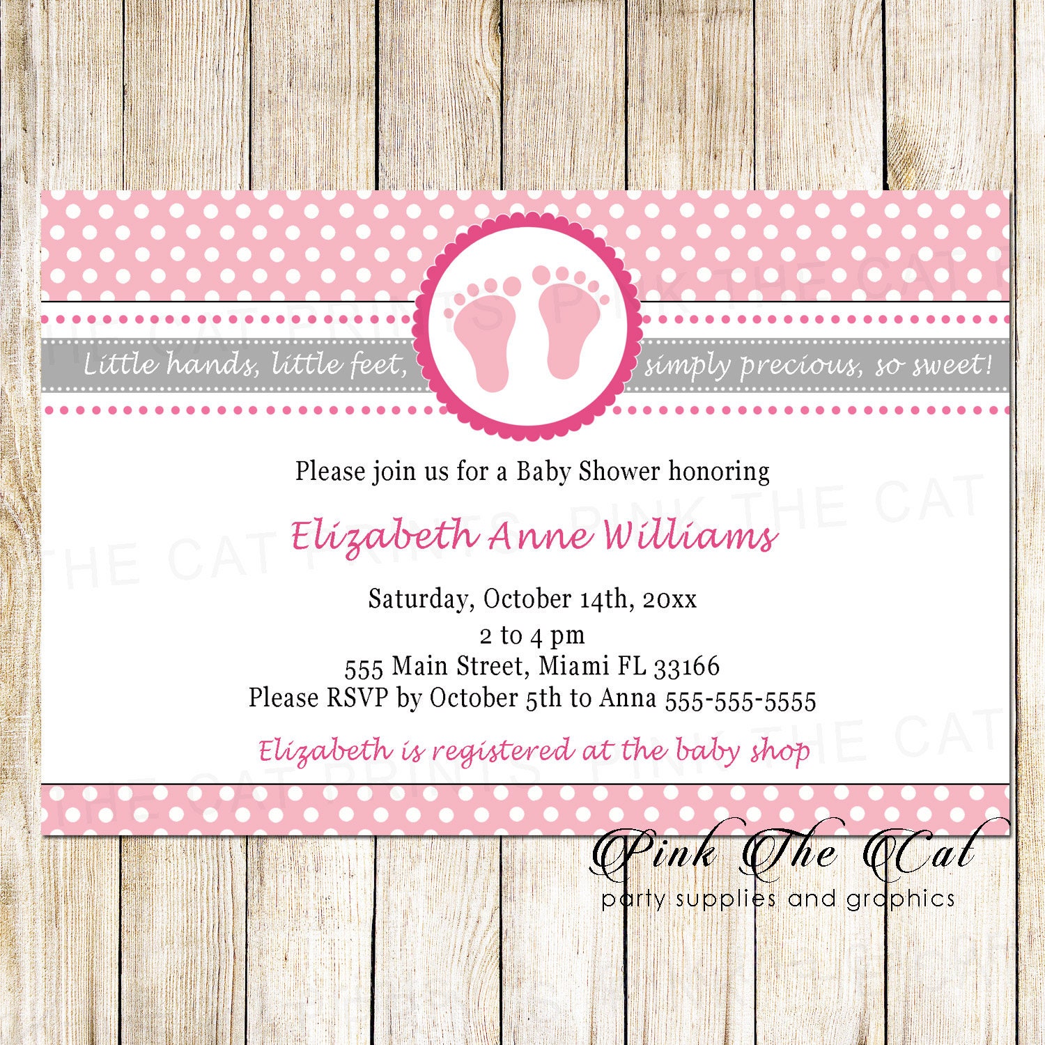 Pink Footprints Baby Shower Invitation For Girl, Pink Silver Feet, Printable With