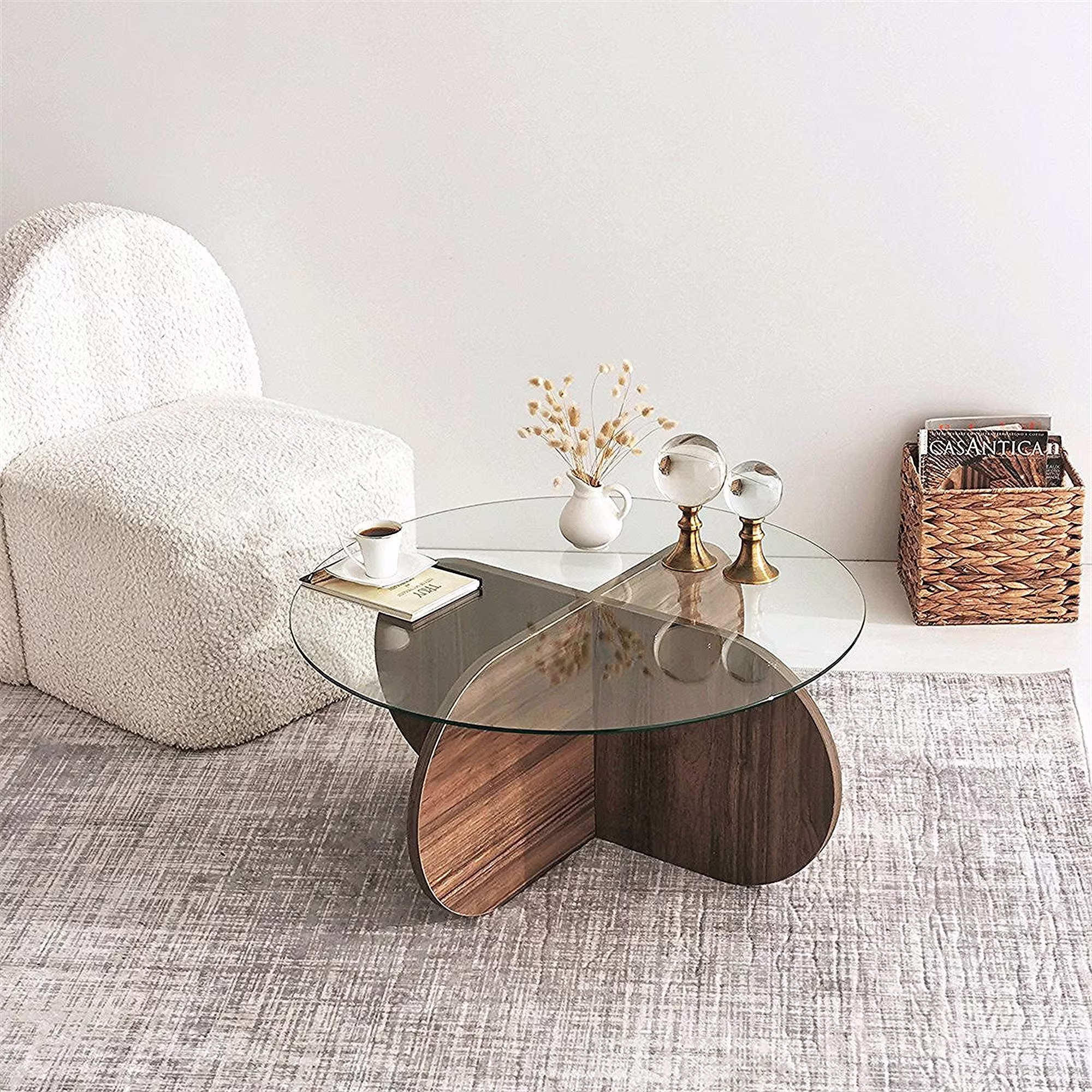 Unbreakable Glass Coffee Table, Round Center Table, Custom Side Table, Handcrafted Contemporary, Modern Design Table Wooden Base