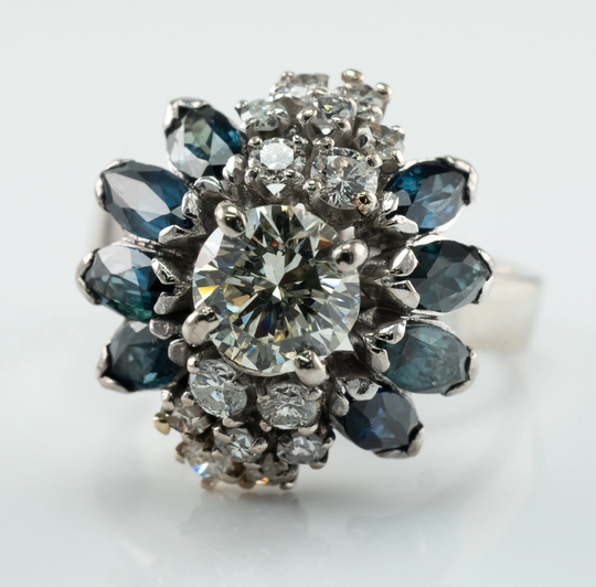 Diamond Sapphire Ring, Vintage 18K White Gold, Cocktail Estate