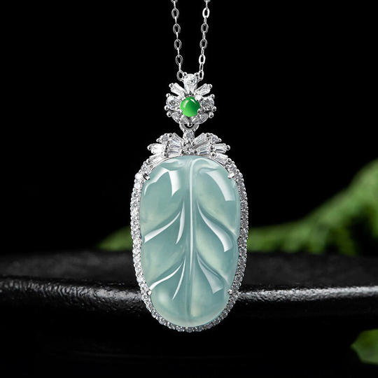Natural Myanmar Blue Water Kind Of Jadeite Icy Jade S925 Leaf Pendant Necklace, Burma Jade, Gift For Women, Girlfriends, Birthday