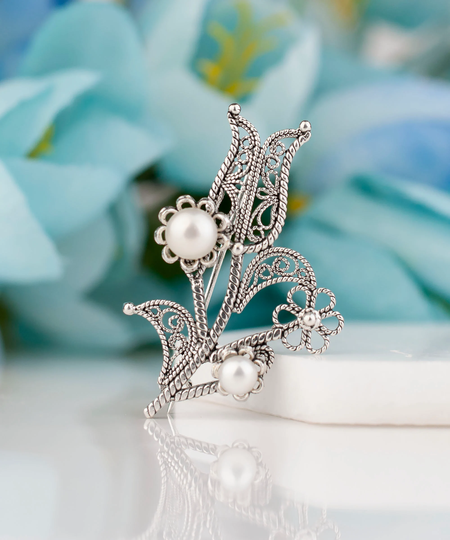 Women Silver Floral Brooch 925 Sterling & Pearl Filigree Tulip Lapel Pin Artisan Crafted Unique Feminine Vintage Hat Gift Boxed