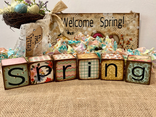Spring Wood Blocks, Tier Tray Decor, Farmhouse Wood Blocks, Shelf Sitter, Springtime Decor Tray