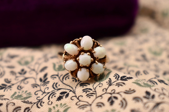 Vintage 10K Yellow Gold Oval & Round Cut Opal Halo Ring