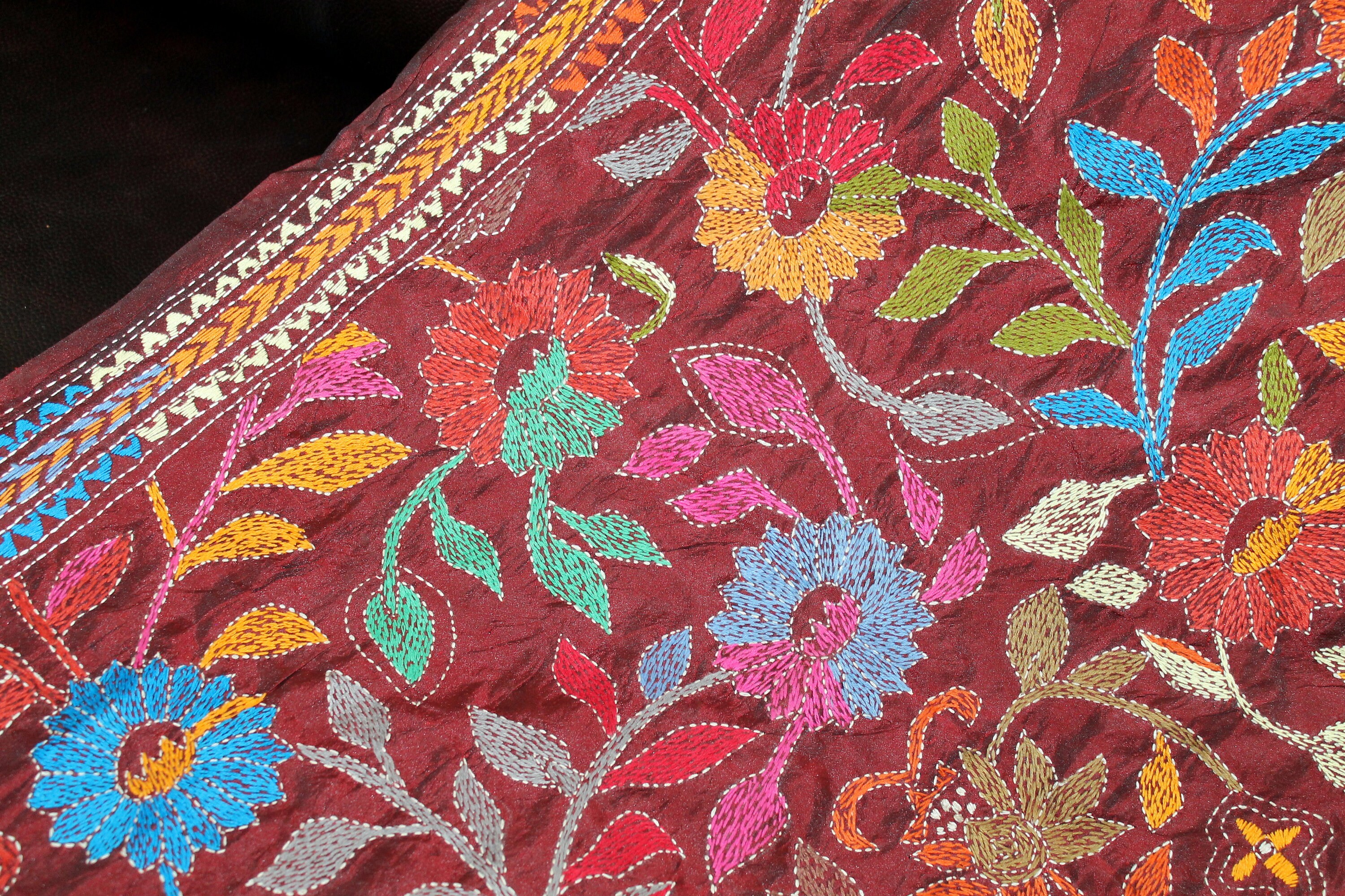 Vintage, Boho, Maroon, Silk Blend, Hand Embroidered in Floral Vine Motifs, Stole, Scarf, Wrap, Shawl, Extra Large, Over-Sized