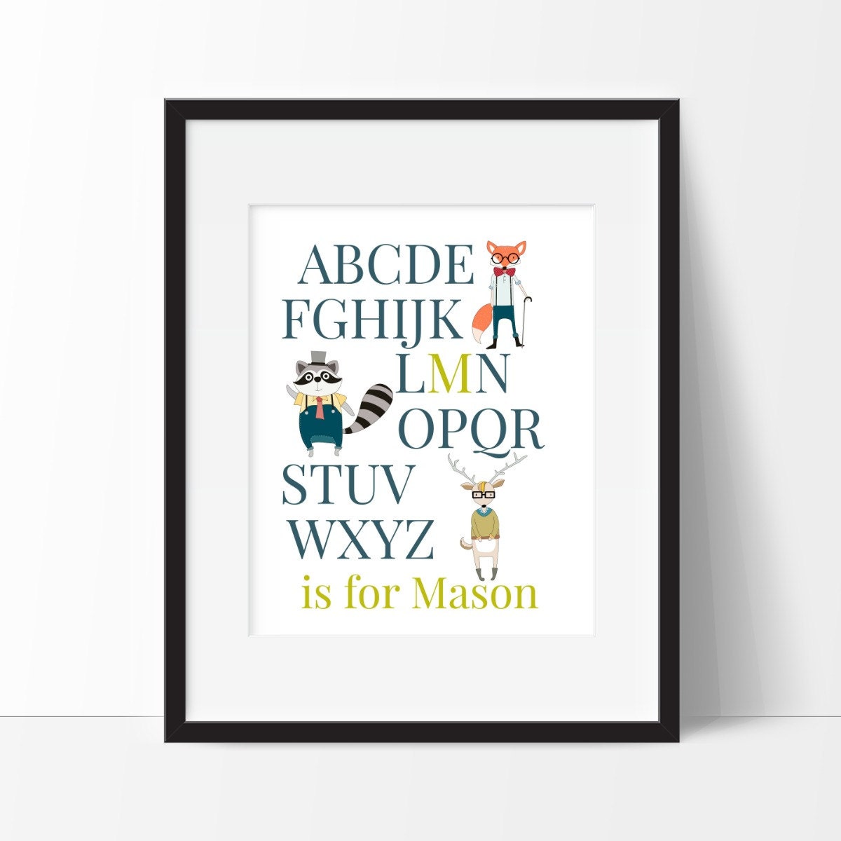 Hipster Animals - Abc's Print Personalized Name Nursery Baby Boy Or Girl Woodland Animal Art Decor
