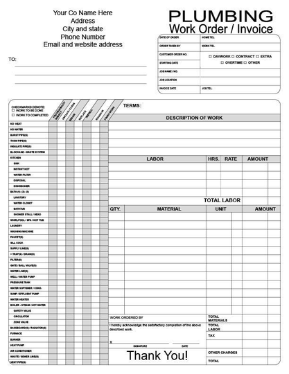 100 3 Part Ncr 81/2" X 11" Plumbing Work Order/Invoice Black & White