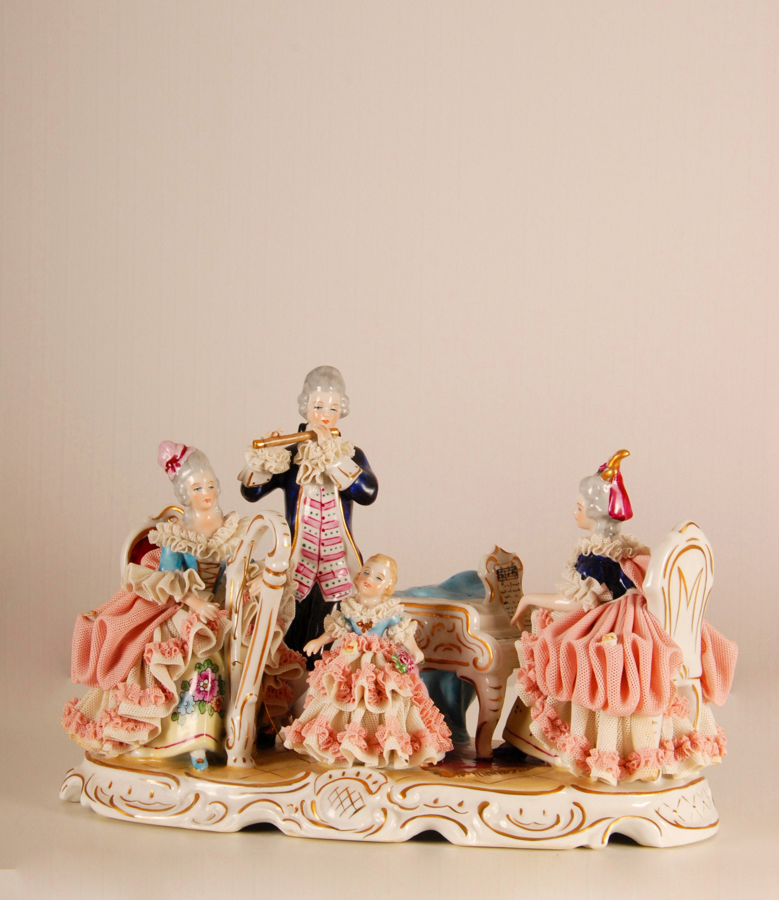 Dresden Porcelain Lace Figurine Royal Dressed Ladies Musician Orchestra Volkstedt