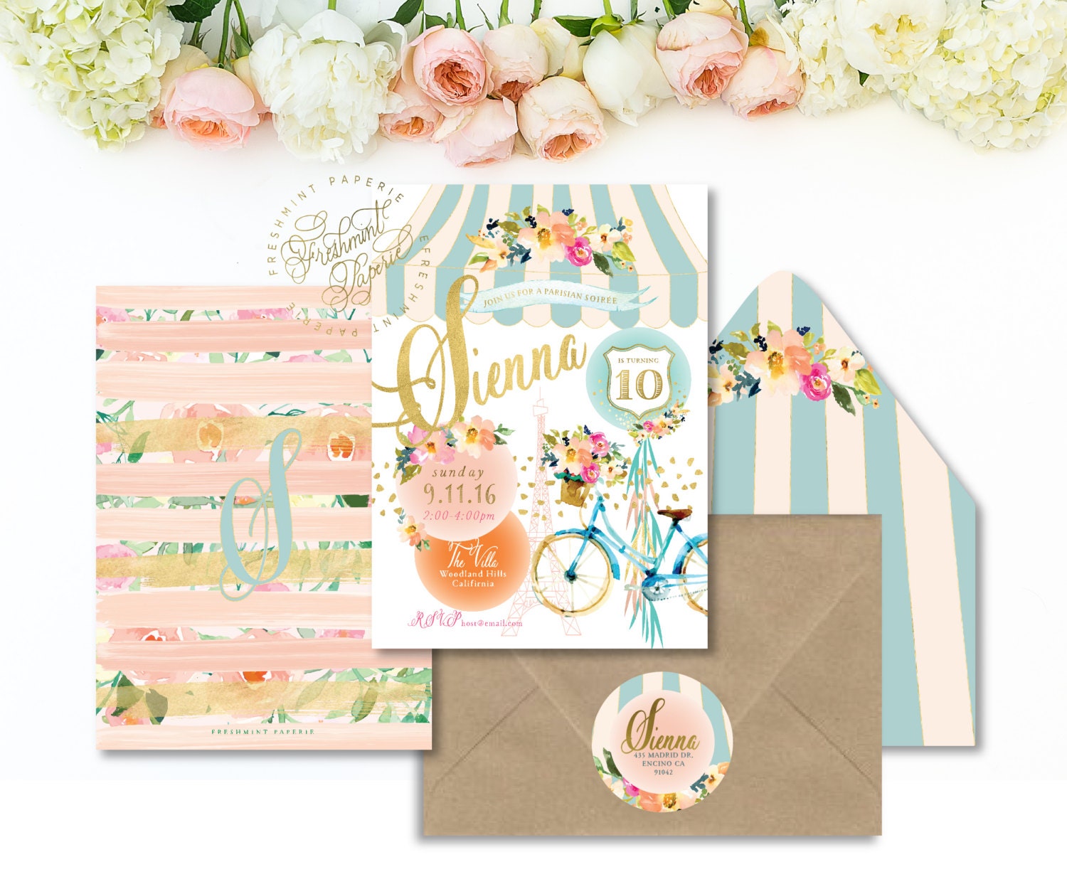 Parisian Invitation - Floral Birthday Watercolor Paris Freshmint Paperie