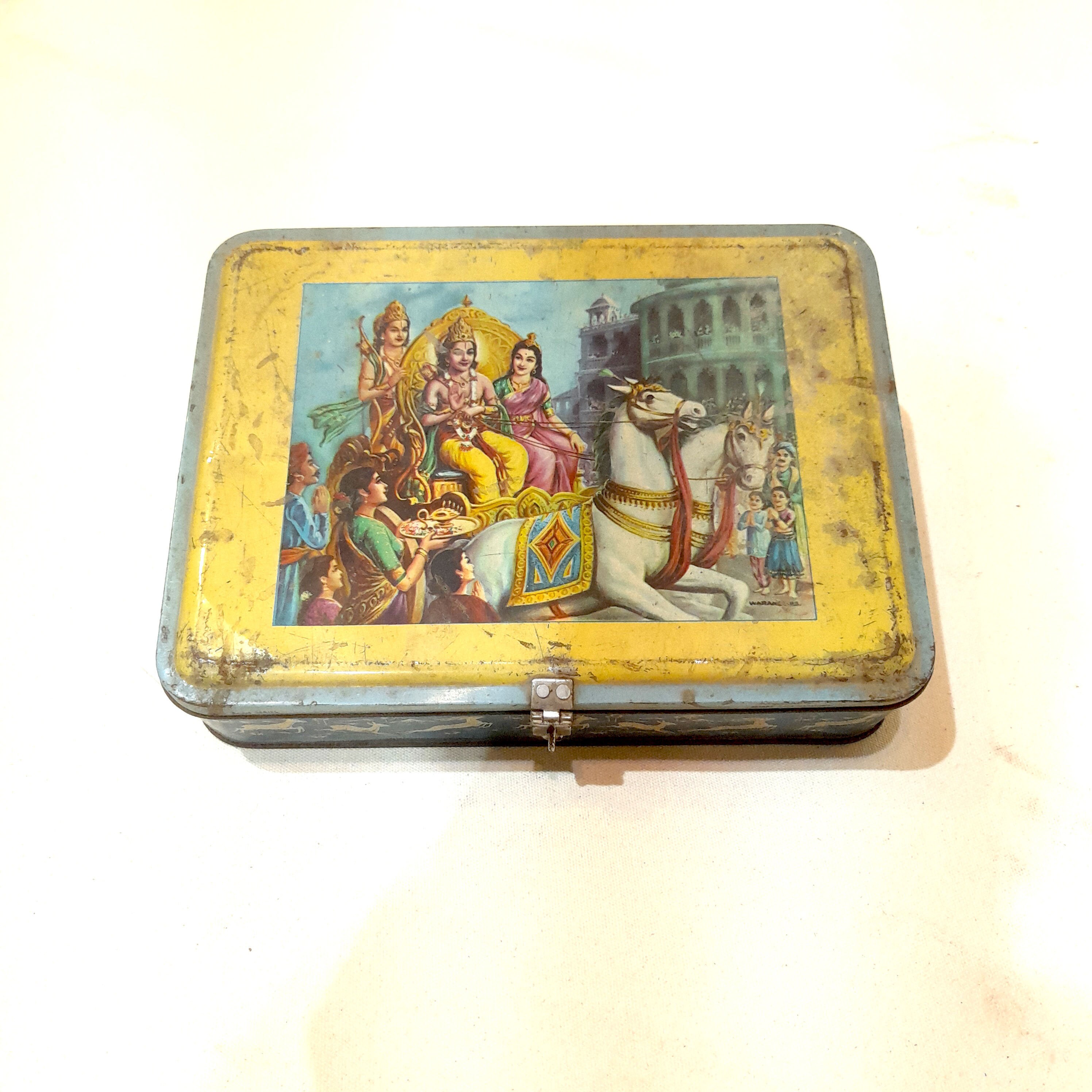 Antique Vintage Tin Utility Box From 1960S With Lord Ram Print On It, Utility Tin Box, Antique