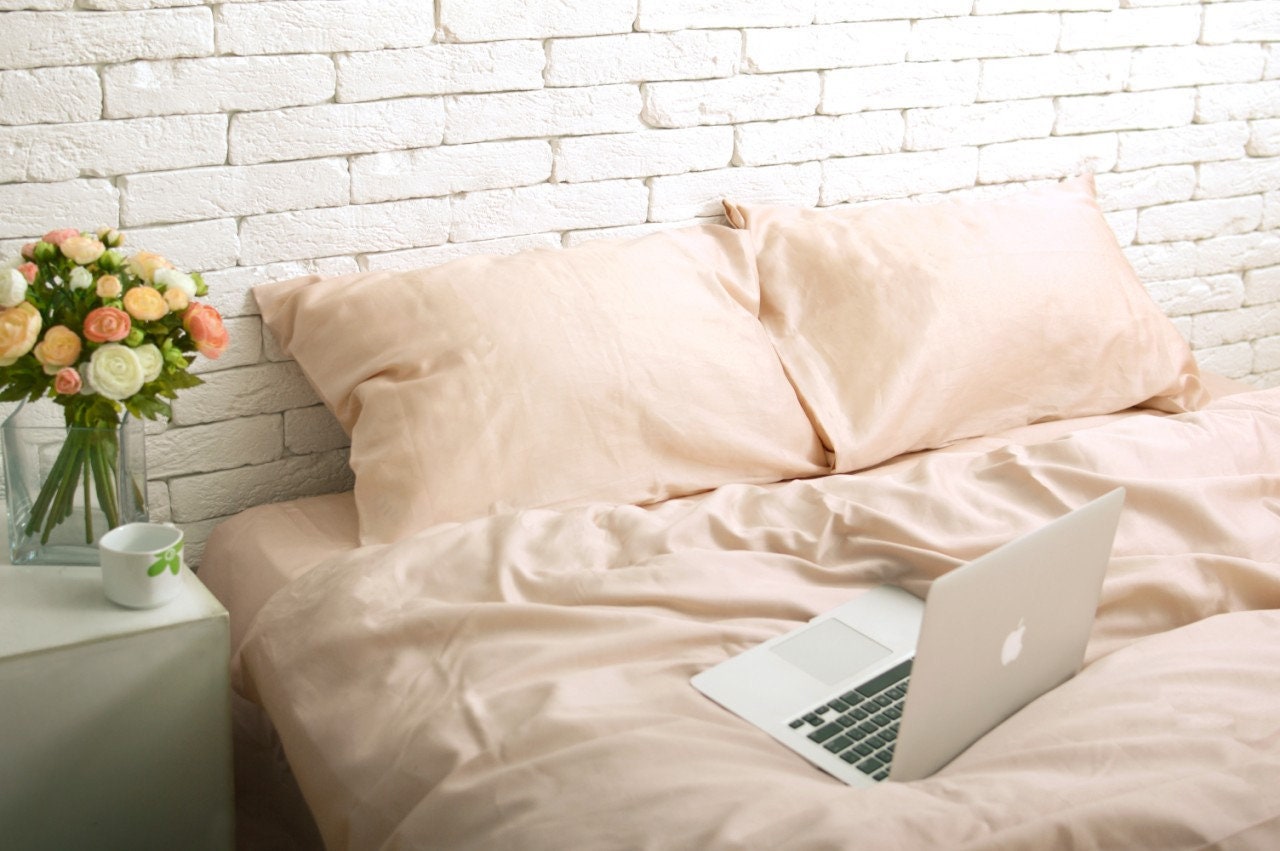 100% Cotton Satin Pillowcase in Peach. Handmade Pillow Case Organic Slip Cover Natural Custom Sham European Us Sizes