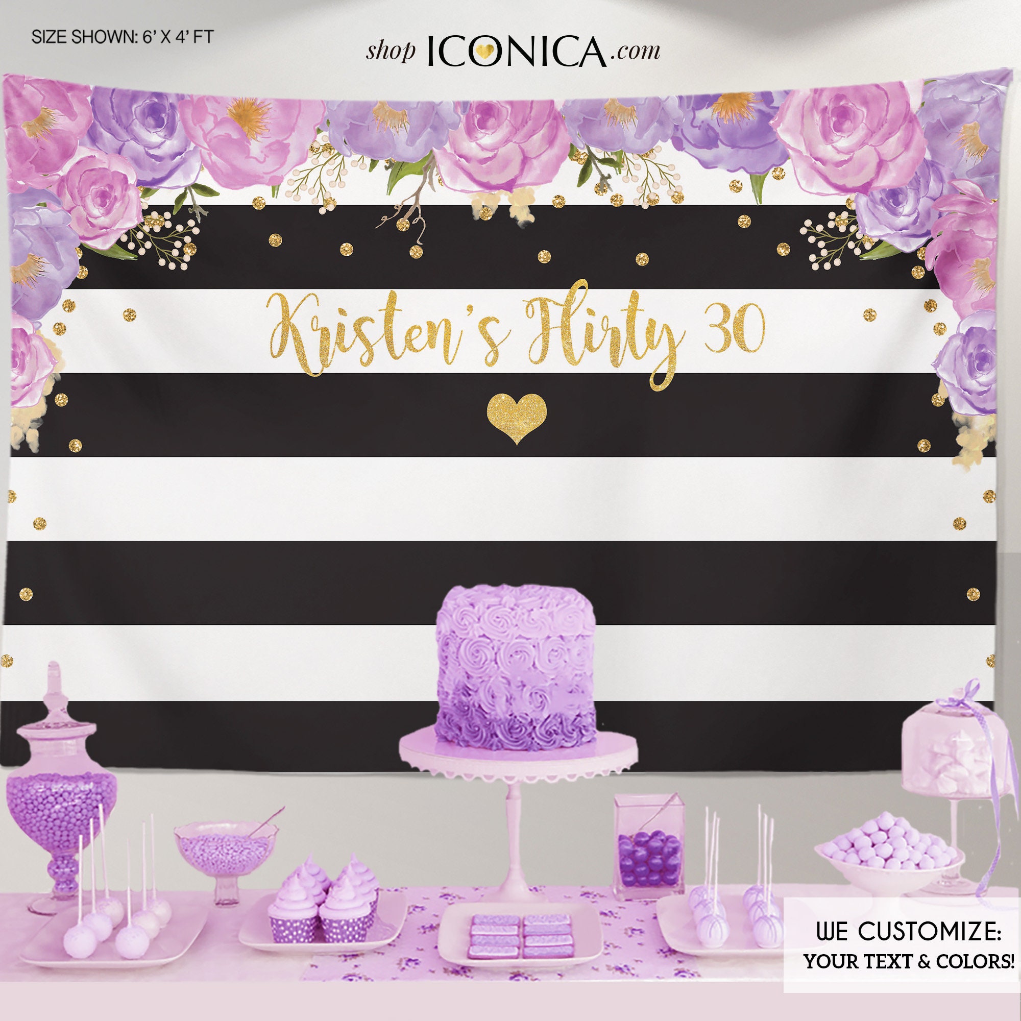 Birthday Floral Party Backdrop, Black & White Stripes, 30 & Fabulous, 30Th Banner, Any Event, Printed Or Printable File Bbd0079