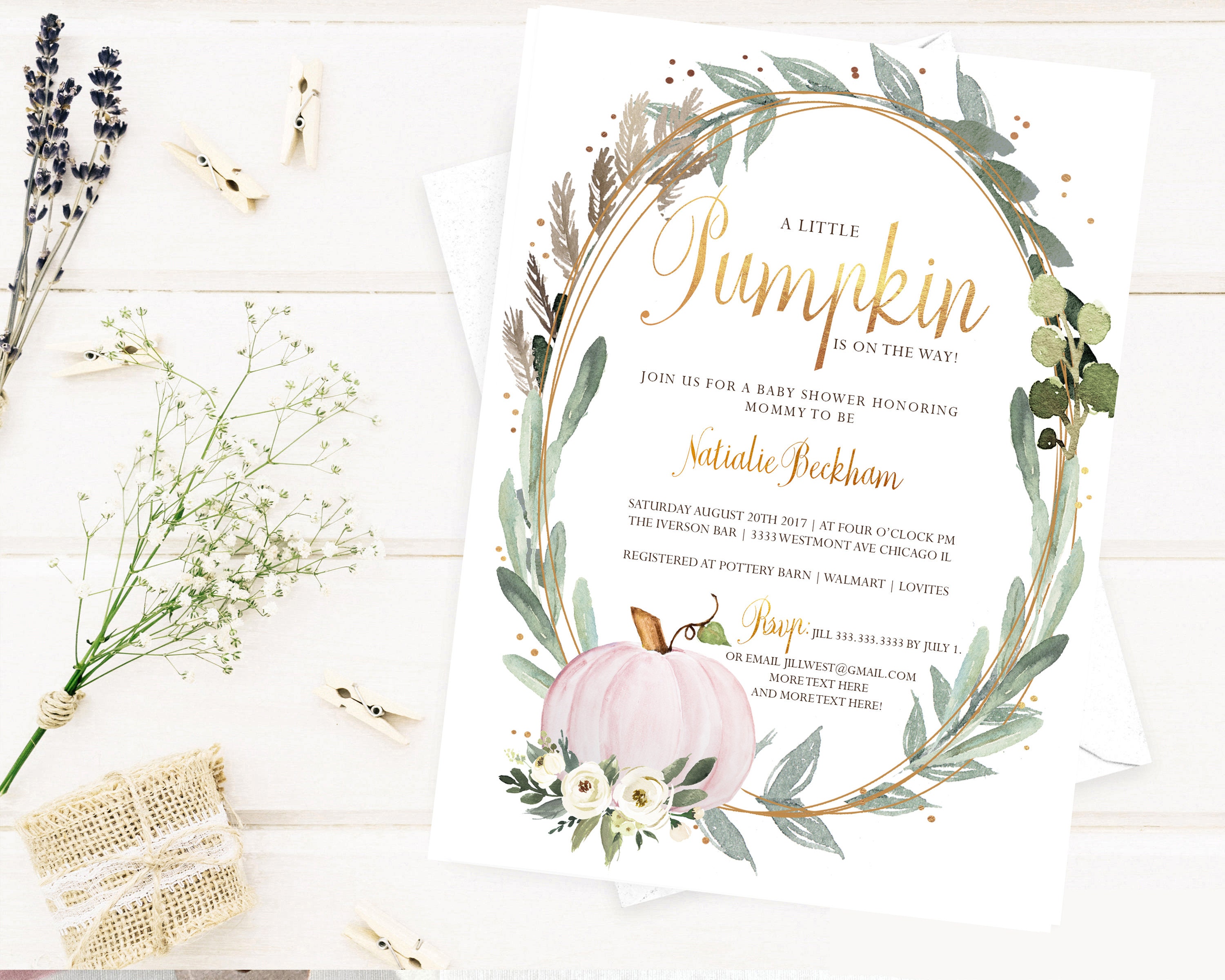 Pumpkin Baby Shower Invitations, Girl Little Floral, Girls Fall Baby Shower Invite, Watercolors, Pink & Gold