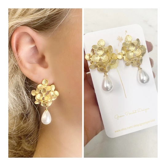 Pearl Bridal Earrings, Wedding Bridesmaid Gold Hydrangea & Drop Jewelry, Gift For Her