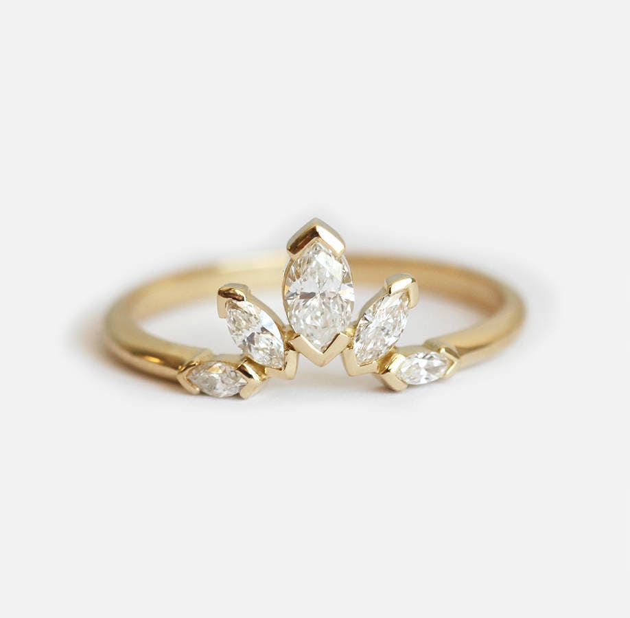 Marquise Diamond Ring, Floral Leaf Crown Bridal Ring With Cut