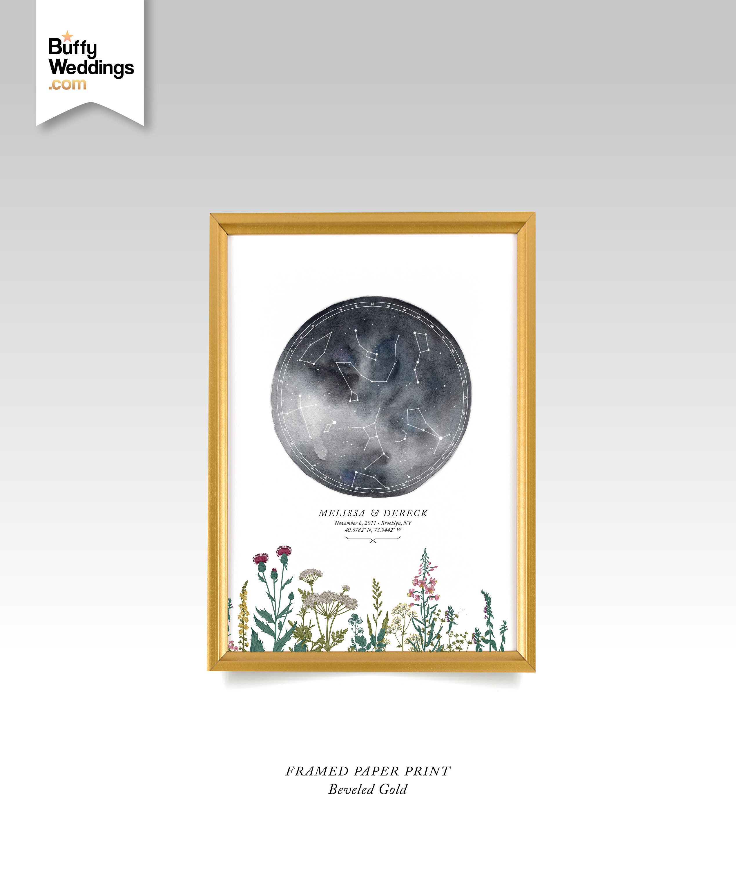 Constellation Star Map Wildflowers & Watercolor Moon Chart Gold Framed . Wedding Anniversary Birthday Baptism Gift Large Canvas Art Prints