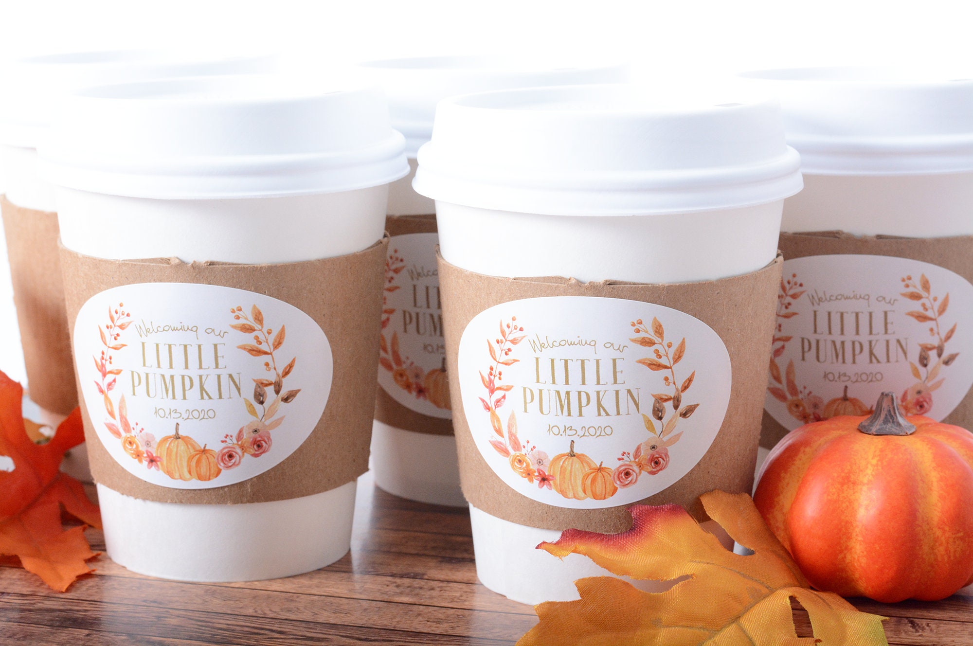 Baby Shower Cups - Pumpkin Coffee Beverage Hot Cocoa Cup Sets Gender Reveal & Labels #bscf-51