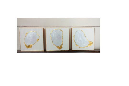 Ready To Ship Small Oyster Paintings, Simple Gold Coastal Artwork, Wood Art, Seafood Decor Painting