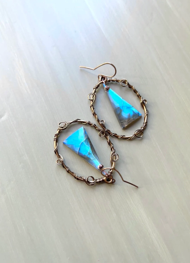 Unique Boho Earrings, Faceted Labradorite Pair, Beaded Art Deco Frame, Copper Frames, Crystal Hoops