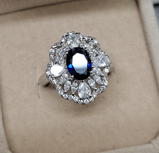 1.75 Carat Vintage Retro Royal Sapphire Statement Engagement Cocktail Ring Fancy Sapphire Swarovski Crystals Women's Size 7 Adjustable