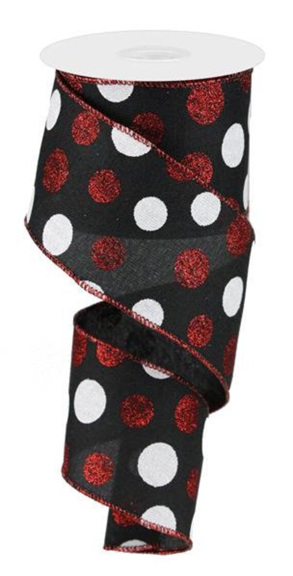 Valentine Wired Ribbon By The Roll 2.5 Black White Red Polka Dots Christmas Valentine's Day Wreath Supply 10 Yard Roll