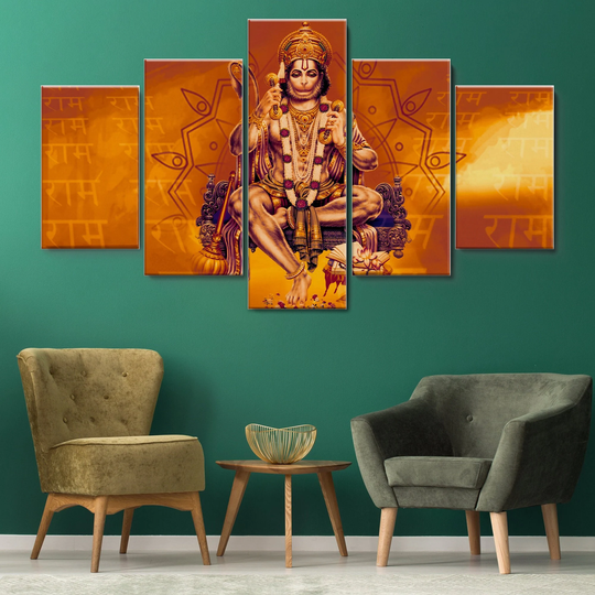 Lord Hanuman Shri Ram Monkey 5 Pieces Canvas Wall Art - Panels Framed Ready To Hang Personalized