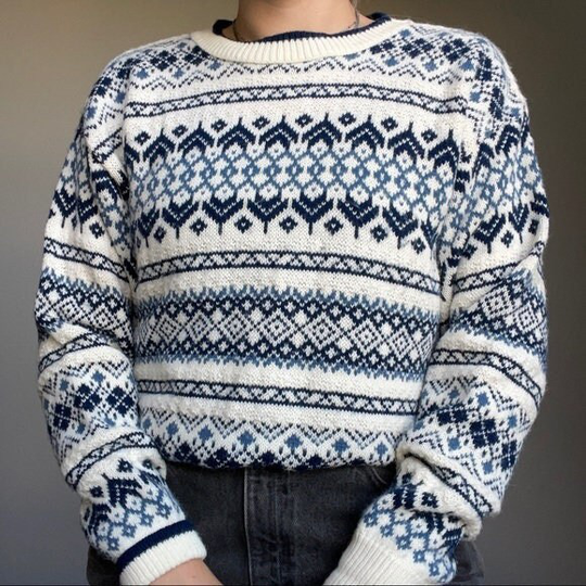 Vintage 80S Blue & White Alpine Striped Nordic Style Oversized Ski Crewneck Sweater