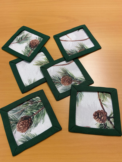 Mug Rug Coasters Linen Blend Fabric 2 Layer Small Leaves Set 2, 4 Or 6