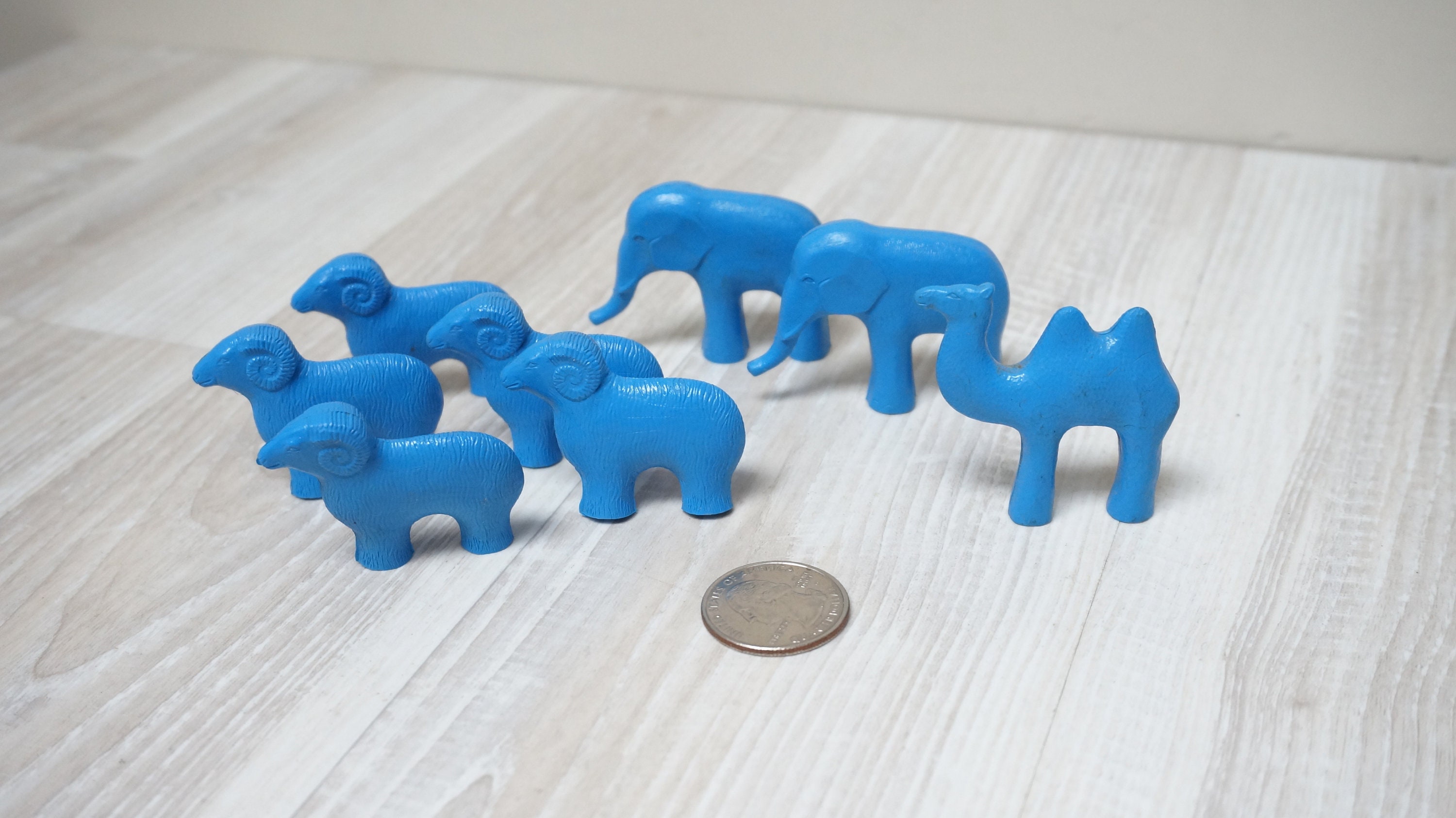 Set Of 8 Camel Elephant Ram Animal Figurine Soviet Kid Toy Rubber Vintage Retro Ussr Russian Blue Mini Miniature Figurine Made in 1980S