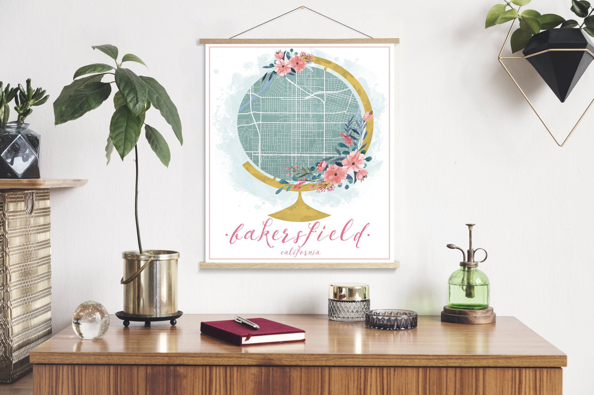 Bakersfield California Watercolor Globe Street Map | Hanging Canvas Of Printed Marketplace