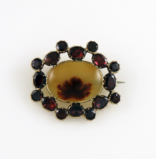 Antique C1830 Natural Garnet Agate Gemstone 10K Gold Brooch/Pin