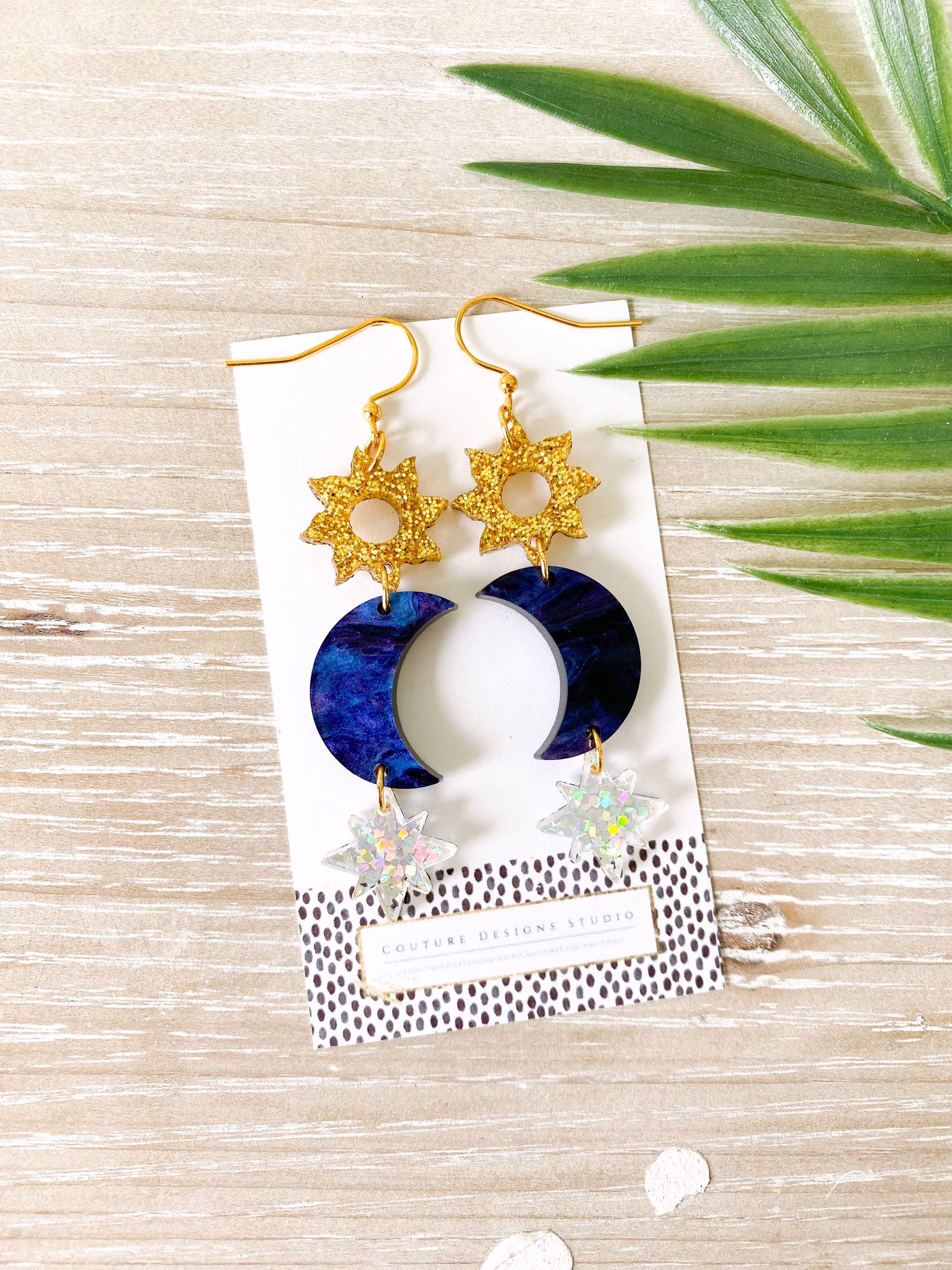 Celestial Sun Moon & Star Earrings | Crescent Half
