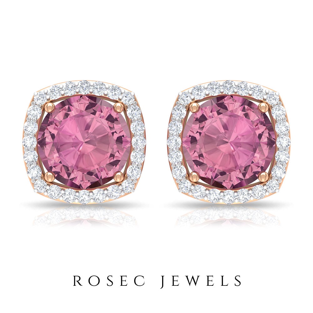 1.75 Ct Pink Tourmaline Stud Earrings, Halo Diamond Solitaire Earrings