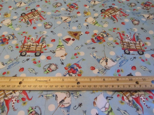Blue Quilting Tresures Gnomesville Summer Graden Gnomes Cotton Fabric By The Yard